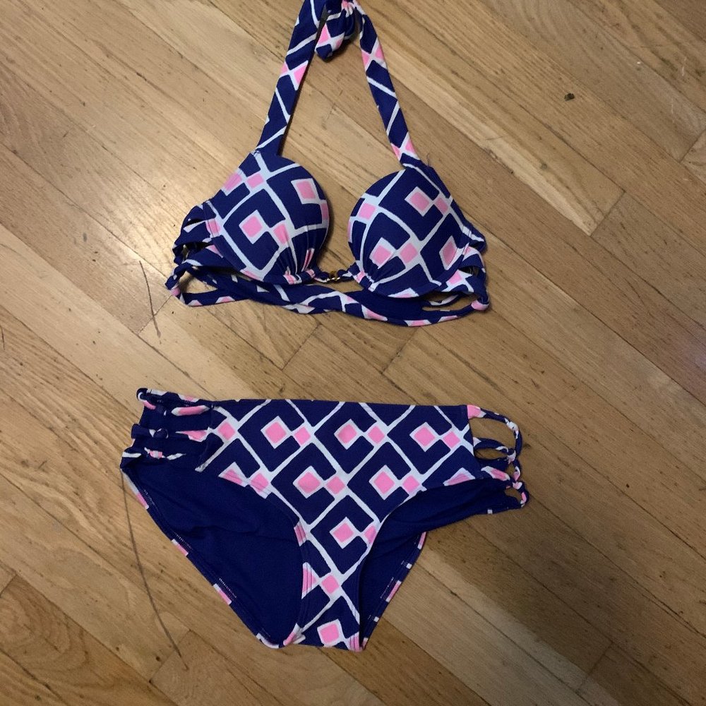 Blue, White and Pink Bikini Top and Bottom
